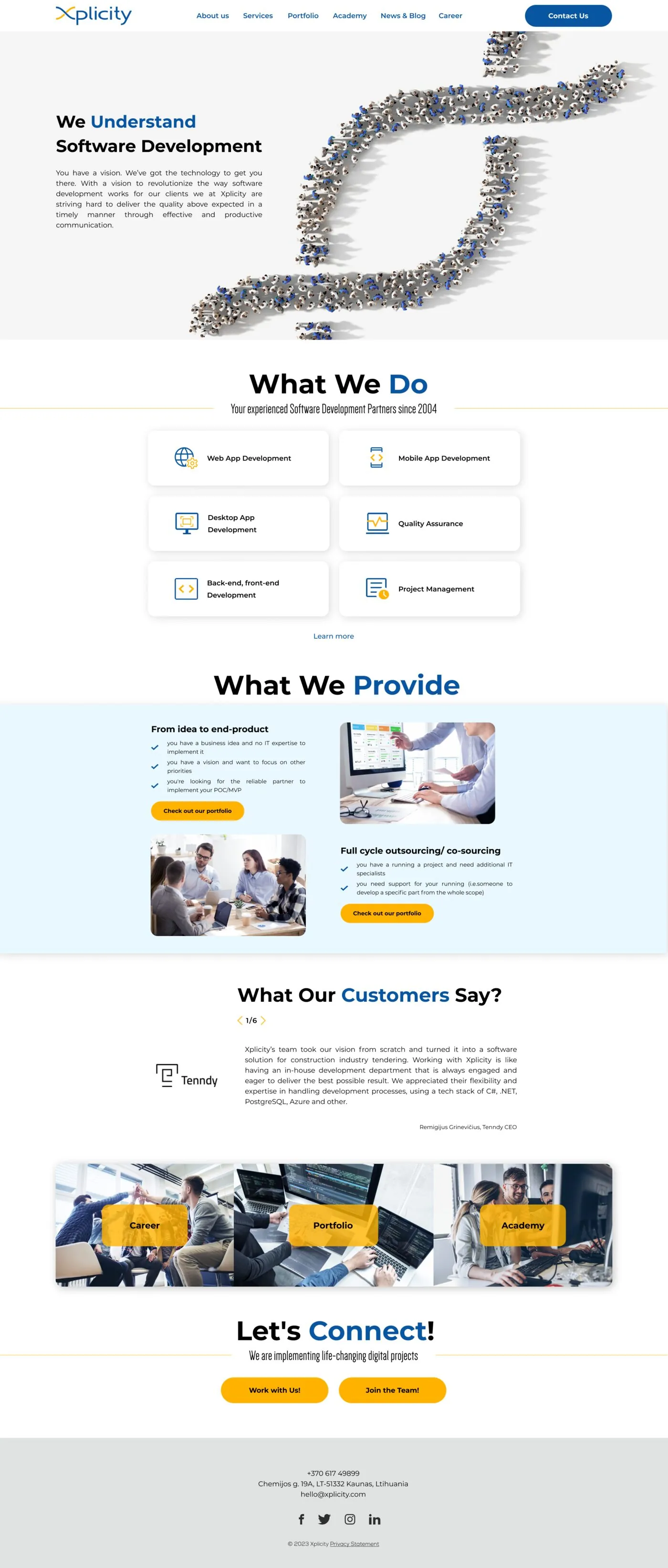 The redesigned Xplicity homepage — a deep-blue hero with the tagline and the brand's woven double-helix mark, a &lsquo;What we do&rsquo; service grid, a &lsquo;What we provide&rsquo; band, and a customer testimonial.