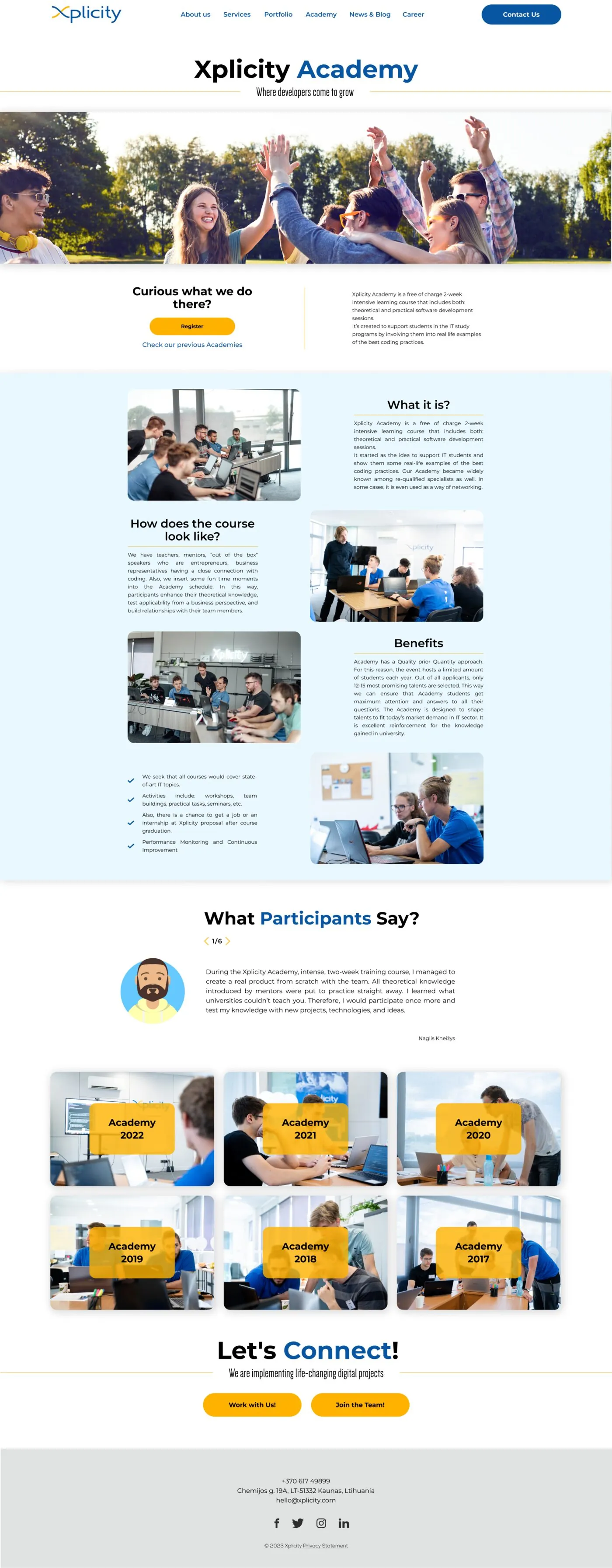 The Xplicity Academy page — &lsquo;Where developers come to grow&rsquo;, a registration call-to-action, course explanation, and participant testimonials.