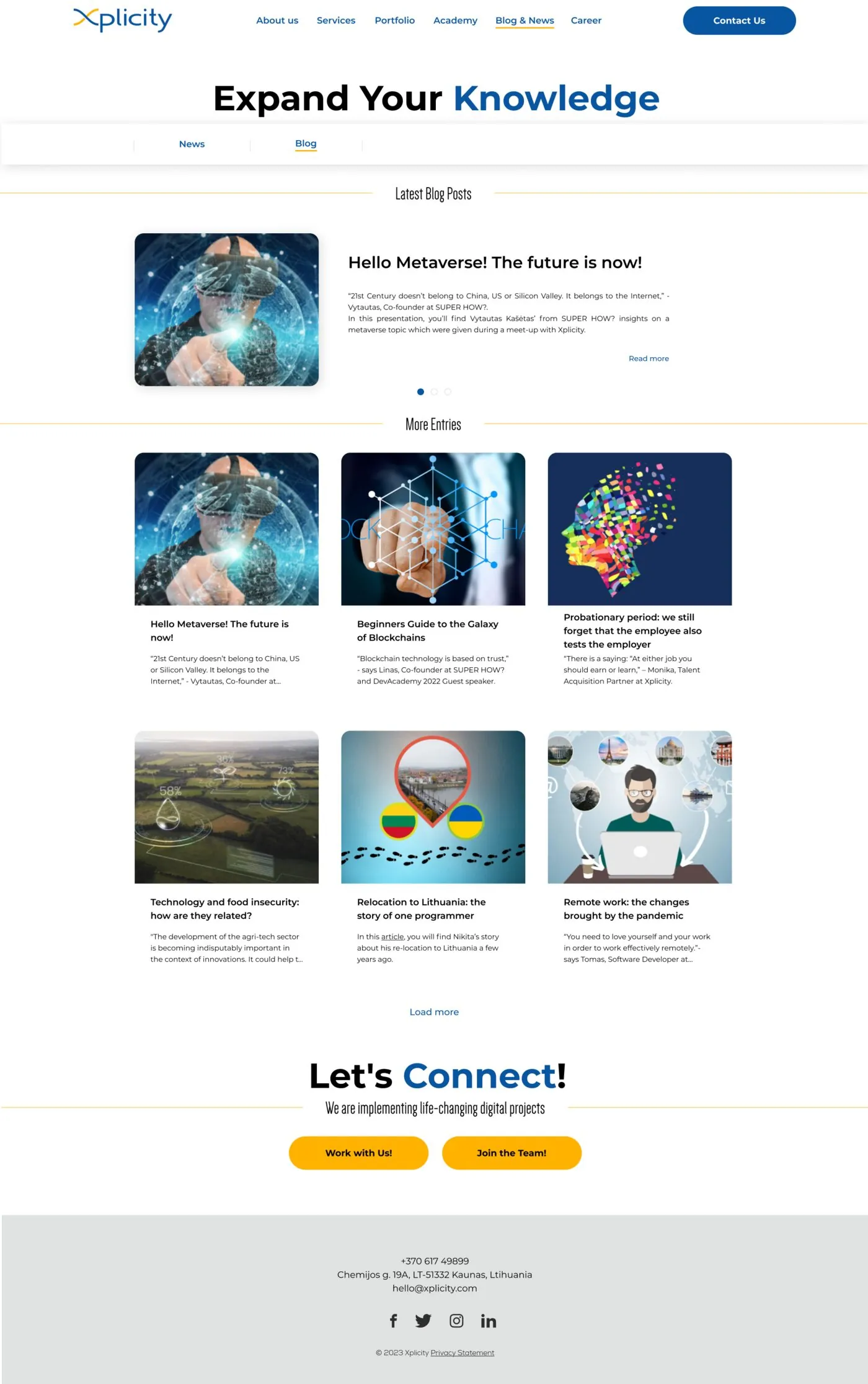 The News & Blog page — a featured latest post beside a grid of article cards.